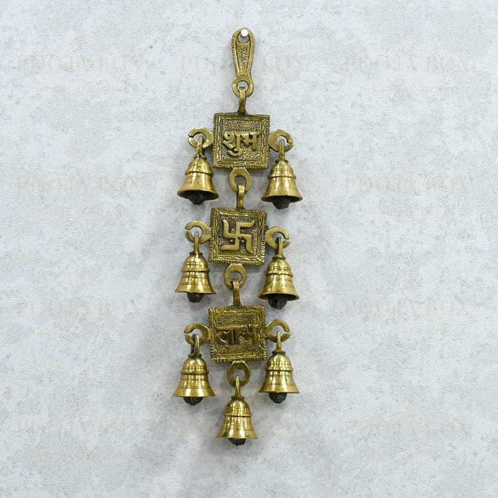 Antique Brass 7 Bells With Shubh Labh Swastik Figurine Bell