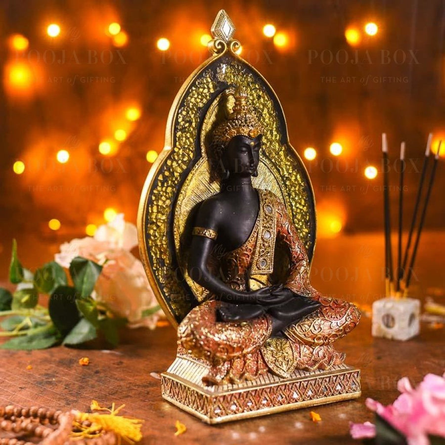 Antique Buddha Figurine With Mirror Detailing Idols