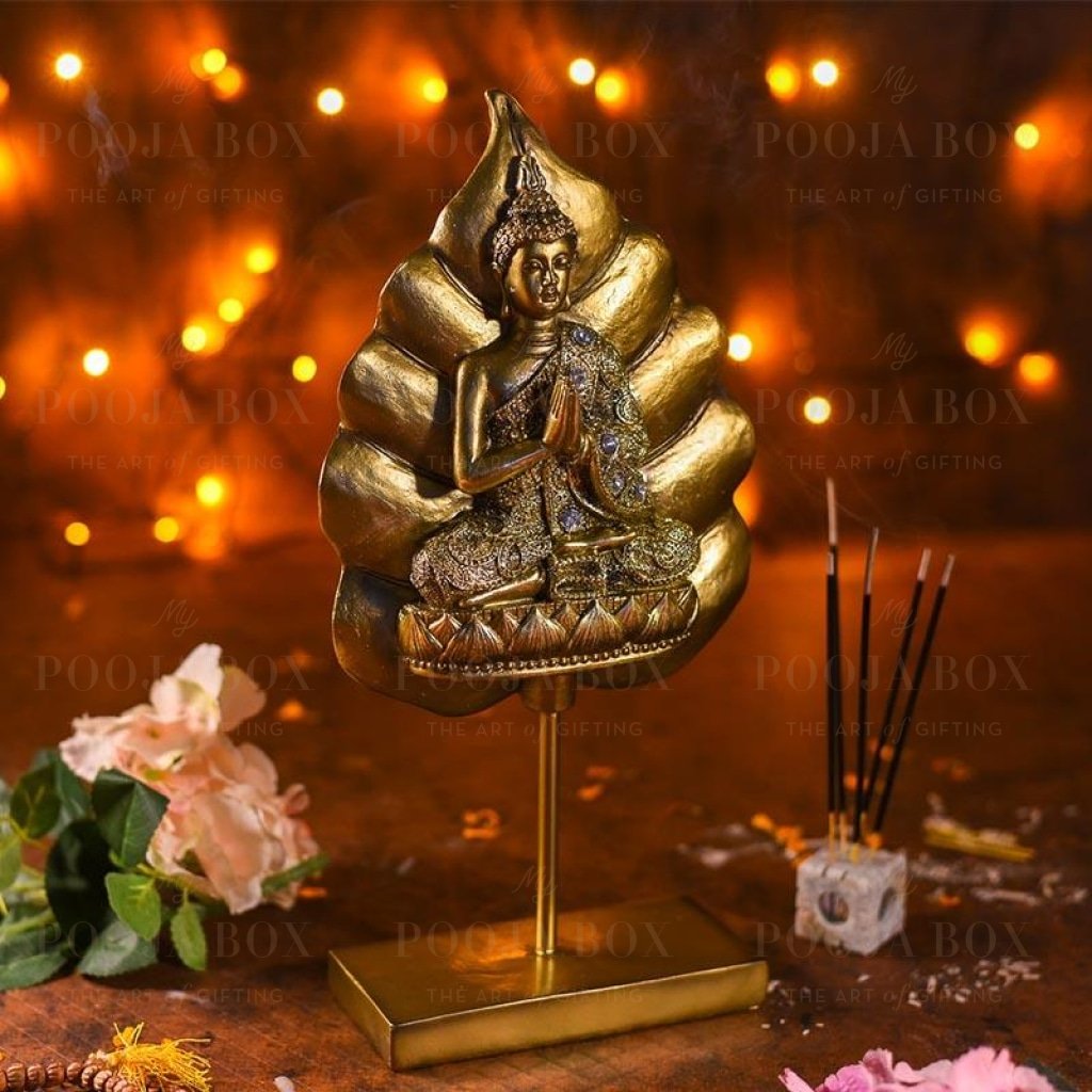 Antique Golden Buddha On Standing Bodhi Leaf Idols