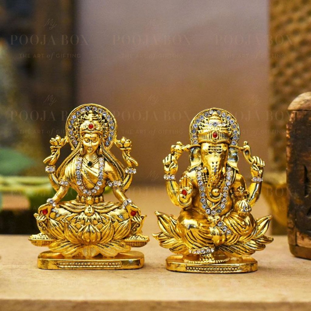Auspicious Golden Laxmi Ganesh Murti On Lotus Idols