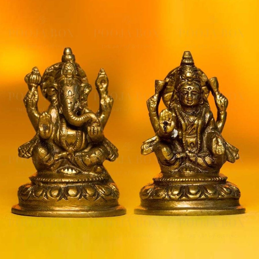 Beautiful Laxmi Ganesh On Lotus Brass Idol For Décor Idols
