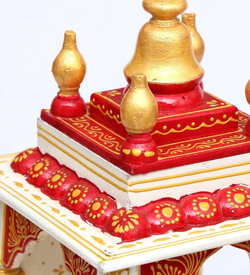 Small White & Red Sheesham Wood Puja Mandir