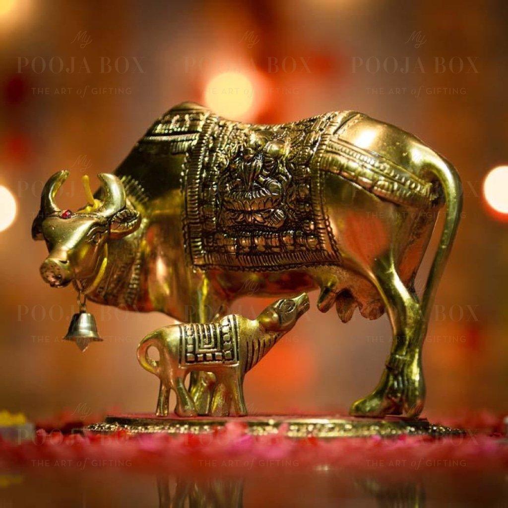 Decorative Golden Kamdhenu Cow And Calf Showpiece Idols