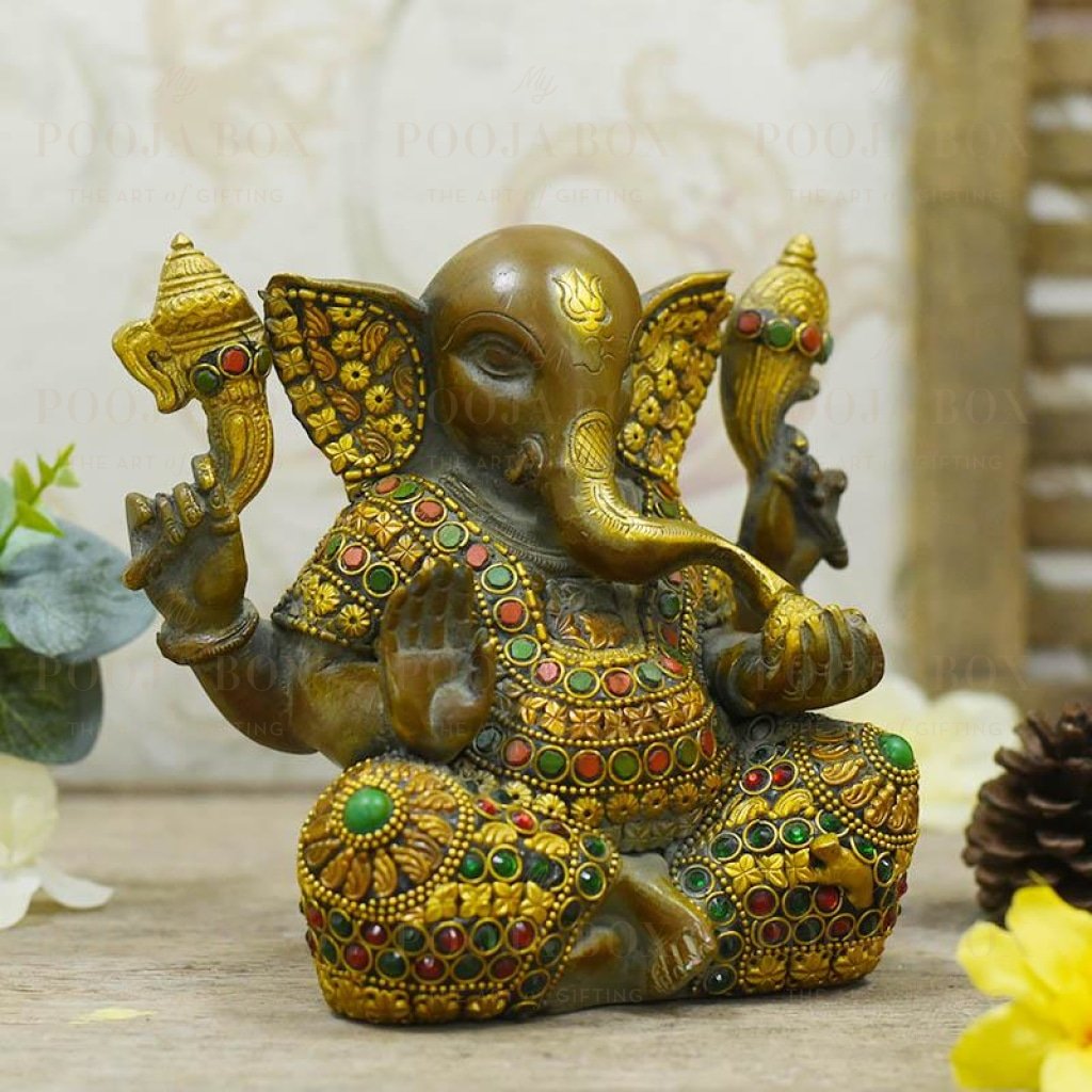 Exquisite Stone Work Brass Ganesh Idol Idol