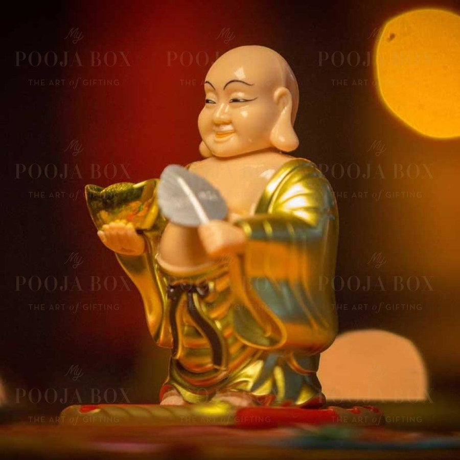 Feng Shui Laughing Buddha With Swinging Fan Showpiece For Good Luck Prosperity