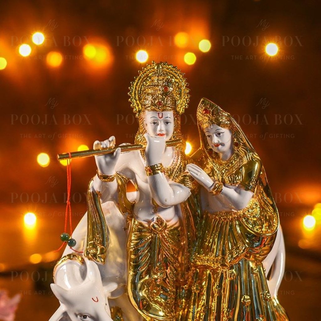Golden White Radha Krishna With Cow Idols