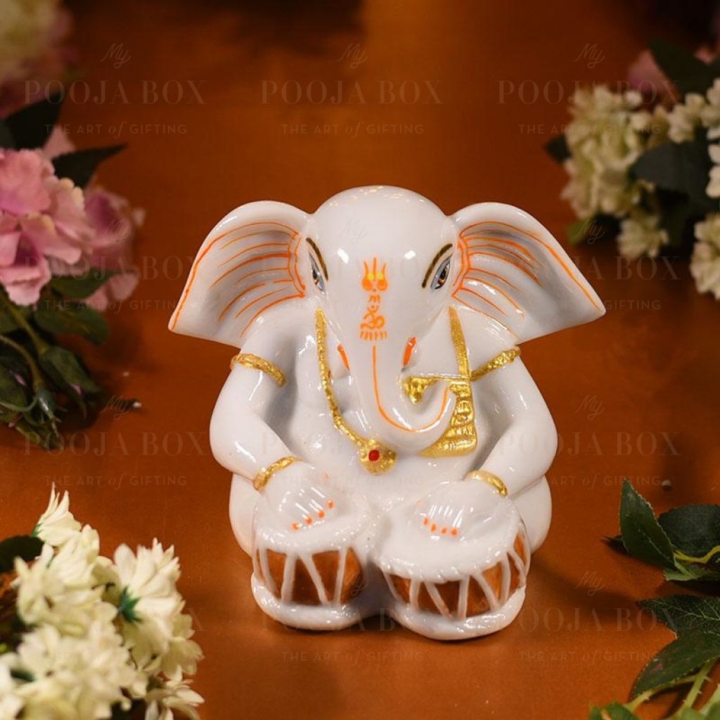 Handcrafted Marble Ganesha Statue Playing Tabla Idols
