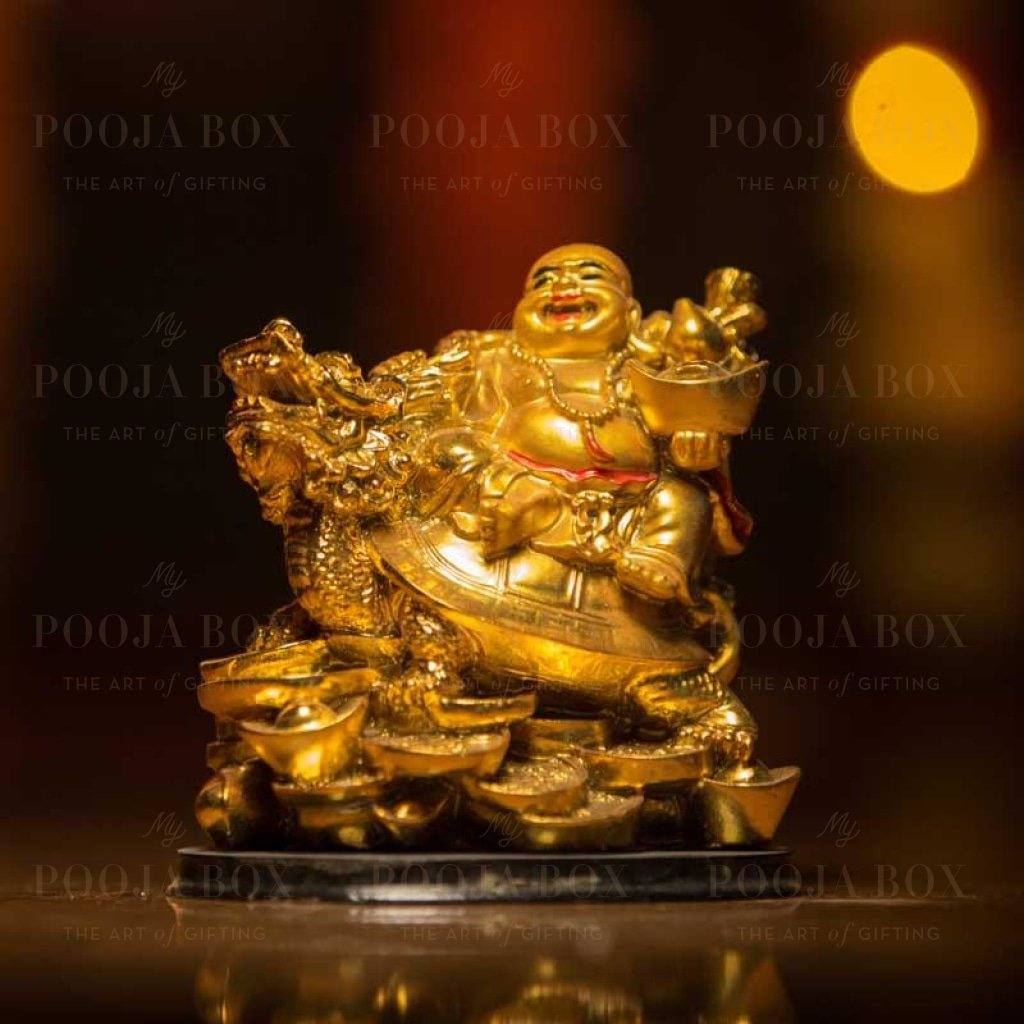 Laughing Buddha With Dragon Tortoise On Bed Of Wealth Feng Shui