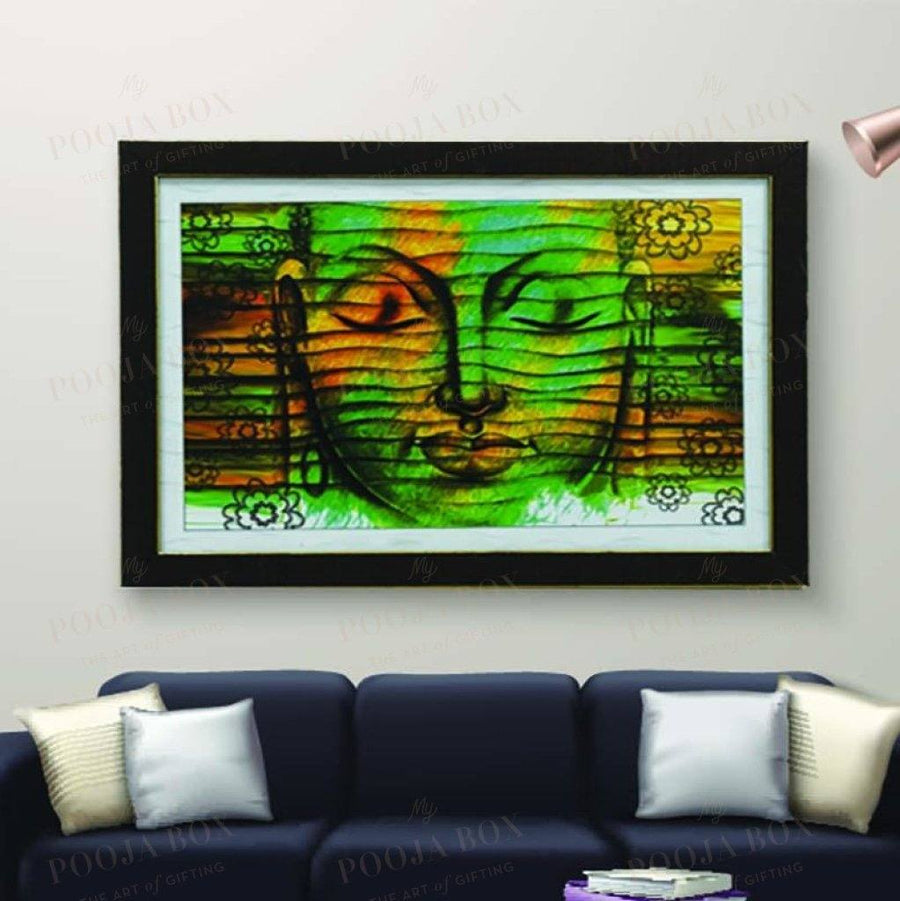 Meditating Buddha Painting With Wave And Floral Pattern Framed Paintings