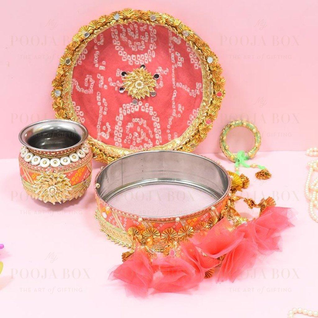 Mint & Peach Jaipuri Karwa Chauth Thali Set