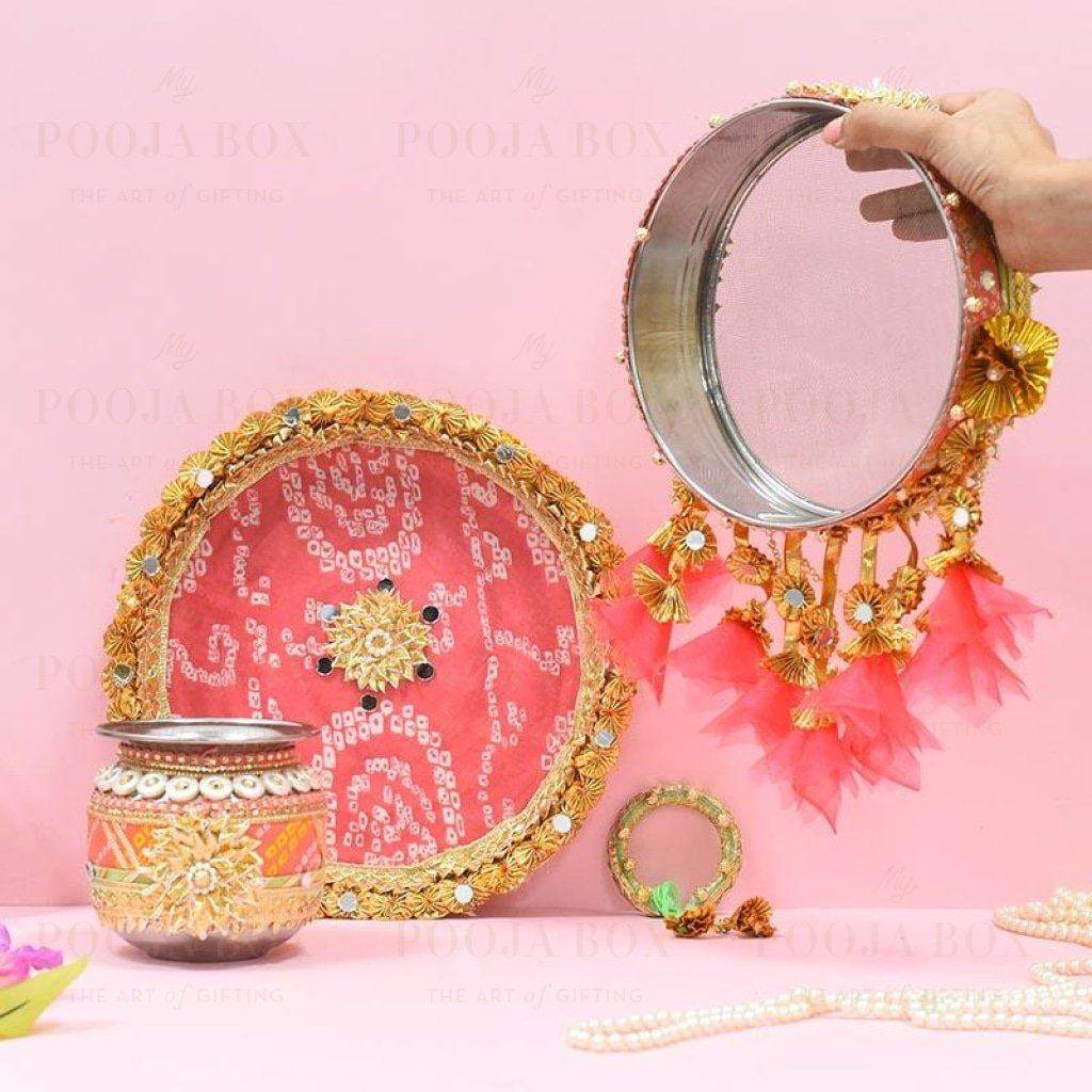 Mint & Peach Jaipuri Karwa Chauth Thali Set