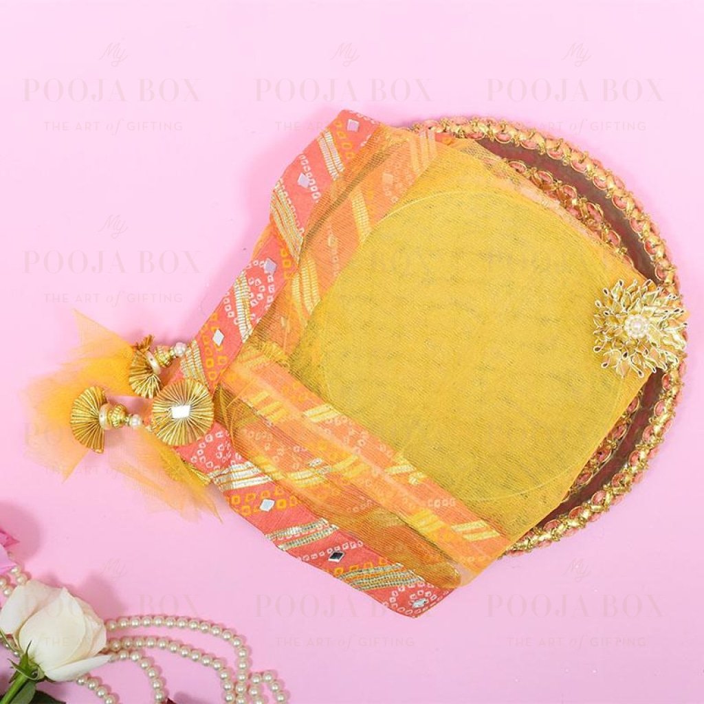 Pastel Yellow Jaipuri Thali Cover Karwa Chauth
