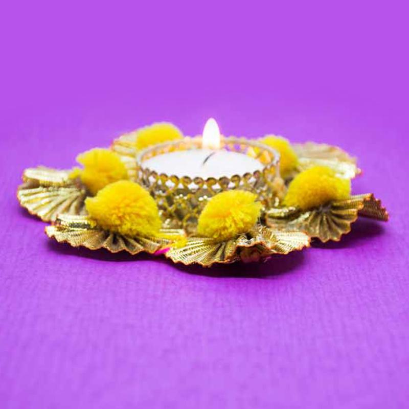 Glorious Golden Gotta and Pompom Work Tealight/Candle Holder