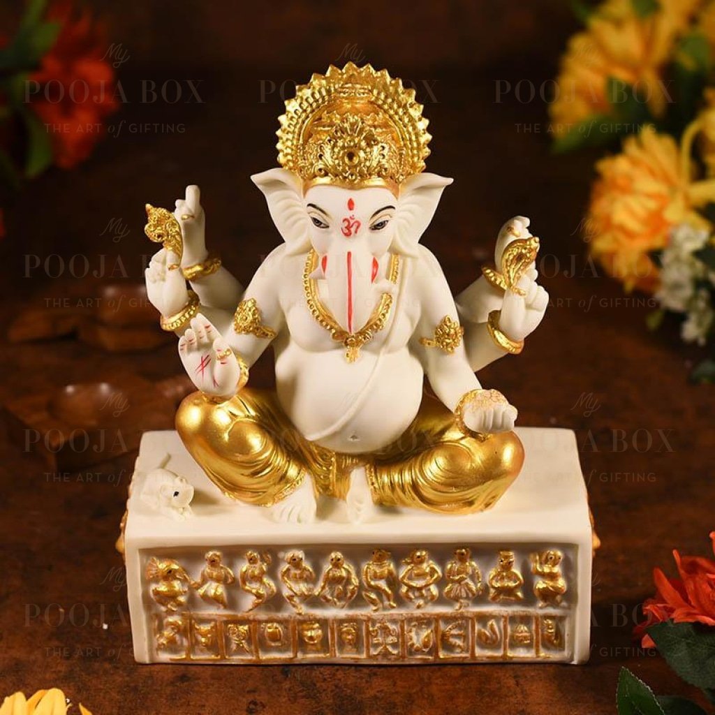 Sitting Ganesha With Zodiac Sign On Stand Idol
