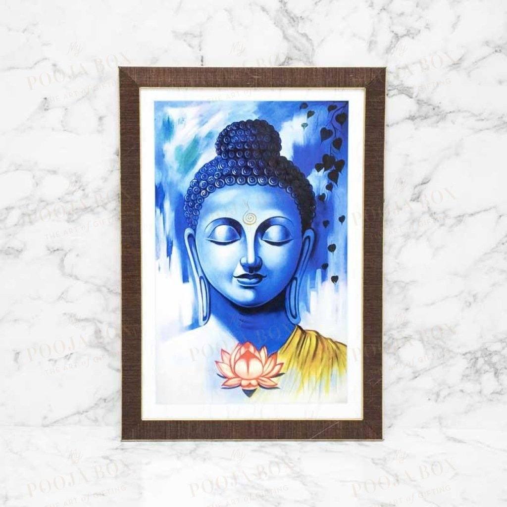 Tranquil Lord Buddha Painting In Shade Of Blue Framed Paintings